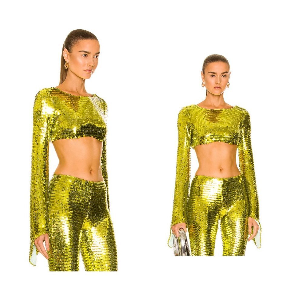 NERVI | NWT Ella Fringe Festival Holiday Crop Top in Metallic Green Mint Size S